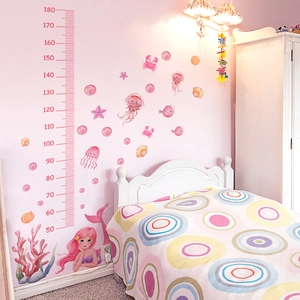 Pink mermaid height measurement wall decal with ocean elements for kids room decor