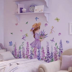 Lavender girl and butterfly wall stickers for children's bedroom decor with floral garden theme