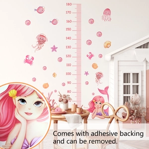 Pink mermaid height chart wall sticker set for kids room with ocean animals decor