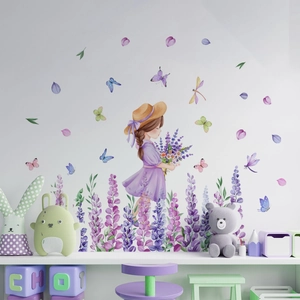 Cartoon Girl Lavender Flower Wall Decal Butterflies PVC Self Adhesive Removable Wall Sticker For Kids Bedroom Nursery Decor