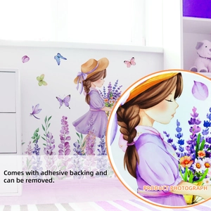 Lavender girl wall stickers with butterflies and flowers for kids bedroom decoration