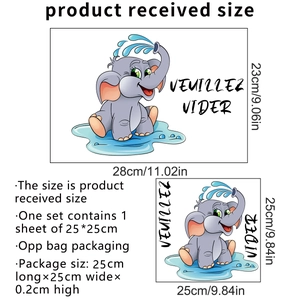 Cute cartoon elephant toilet sticker set with VEUILLEZ VIDER text, 25x25cm size guide