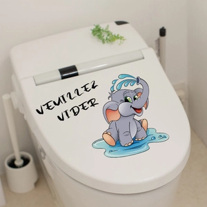 Cute cartoon elephant toilet lid sticker with French VEUILLEZ VIDER text decor
