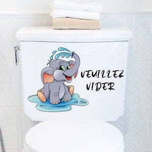Detail of waterproof PVC toilet sticker featuring a cute cartoon elephant and French text