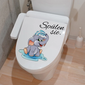 Detail of cartoon elephant toilet sticker with German Spülen sie water flush reminder