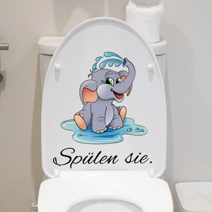 Detail view of waterproof cartoon elephant wall sticker with Spülen sie text on toilet