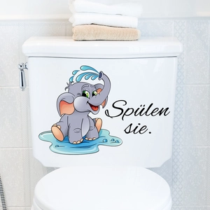 Cute cartoon elephant bathroom wall sticker with German Spülen sie water flush text
