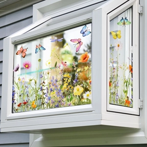 Floral window stickers with colorful wildflowers and butterflies on glass panes