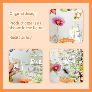 Waterproof floral window decals showing front and reverse side on a clear PET surface