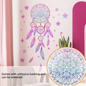 Sticker Mural Attrape-rêves Mandala Rose Violet de Rêve PVC Plume Étoile Décalcomanies Décoratives pour Chambre Salon Décoration Maison