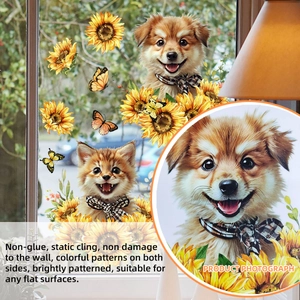 Static cling window stickers featuring sunflowers, kittens, and puppies for glass decor