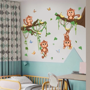 Cartoon monkey and jungle vine wall stickers for children's bedroom decor