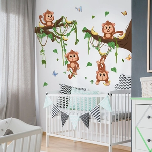 Cartoon monkeys on vines wall decals for nursery with colorful butterflies and bananas