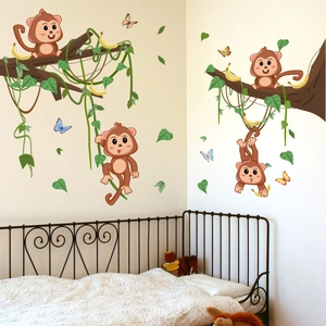 Cartoon monkey wall stickers with vines and butterflies for kids' room wall decoration