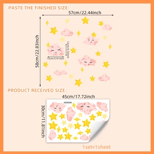 Luminous wall stickers set with cartoon pink clouds and yellow stars for bedroom wall decor