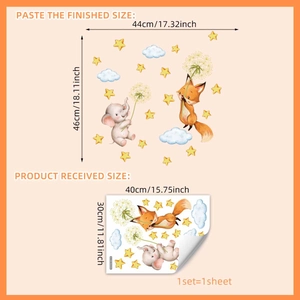 Luminous cartoon fox and elephant wall stickers with moon and stars for nursery decor