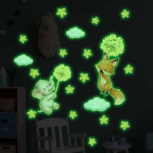 Luminous wall stickers set featuring cartoon fox, elephant and stars for kids room decoration