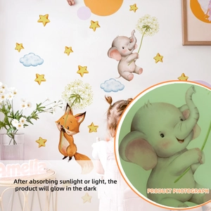 Luminous wall stickers featuring cartoon elephants and foxes for kids' bedroom decor
