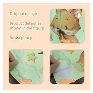Detail of waterproof cartoon fox wall stickers showing front texture and self-adhesive back