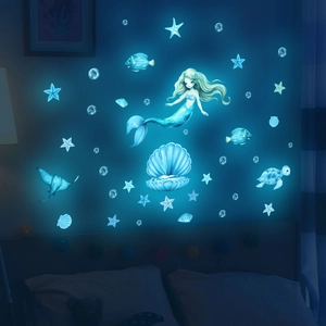 Luminous mermaid and sea creatures wall stickers with glow in the dark ocean theme
