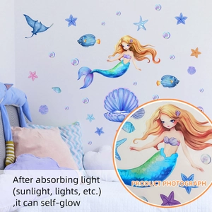 Luminous mermaid ocean wall stickers for kids room featuring self-glow sea animals and fish