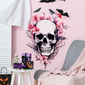 Gothic Halloween wall sticker with pink flowers and skull on a pastel wall