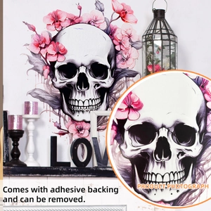 Halloween skull wall sticker with pink flowers and bats on a minimalist white wall