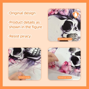 Detail of waterproof Halloween skull and floral wall sticker with front and reverse view