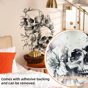 Minimalist black and white skull floral wall sticker for Gothic Halloween home decoration
