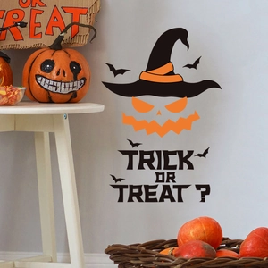 Stickers muraux Halloween avec chapeau de sorcière et chauves-souris Trick or Treat noir et orange