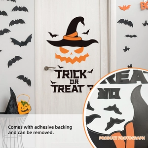 Stickers Halloween avec chauves-souris noires, citrouille à chapeau et texte Trick or Treat