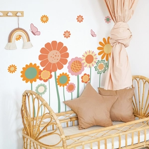 Bohemian floral wall stickers set with vintage flowers and rainbow decor for kids room