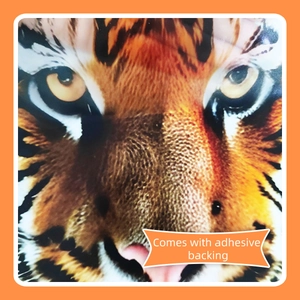 Detail of creative tiger wall sticker with adhesive backing and realistic fur texture