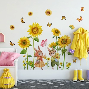 Stickers muraux tournesols et lapins mignons pour décoration de chambre d enfant et crèche