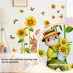 Stickers muraux tournesol et lapin avec papillons pour décoration de chambre d'enfant