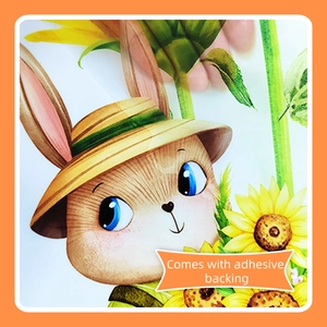 Vue détaillée du sticker mural lapin avec dos adhésif et motif de tournesols colorés