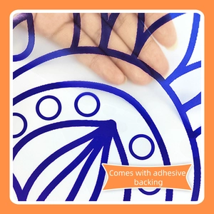 Detail showing translucent purple mandala wall sticker with built-in adhesive backing