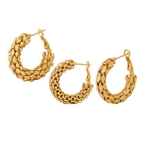 Créoles Épaisses Texture Tissage Motif Écailles Acier Titane Plaqué Or Bijoux Mode Géométriques Rétro Pour Femmes
