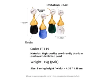 Detail showing tear-drop earrings size dimensions 4.32x1.38cm and pearl metal resin materials
