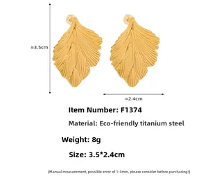 Detailed view of gold-plated leaf earrings with dimensions and stainless steel material