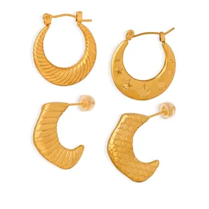Retro Stainless Steel Hoop Earrings For Women Gold Plated Star Embossed Ripple Texture Minimalist C Shape Jewelry
