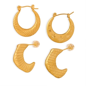 French vintage style gold-plated titanium steel horn threaded earrings set for women