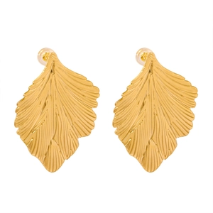 Golden leaf stud earrings with fine vein textures in polished titanium steel for women