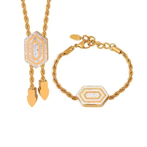 Sechseck Zirkonia Anhänger Halskette Armband Set Titanstahl Seilkette Bolo Tie Schmuck Für Damen Party Hochzeit Geschenk