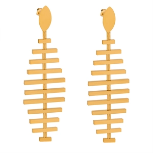 Elegant gold fishbone tassel earrings in titanium steel with a minimalist geometric design