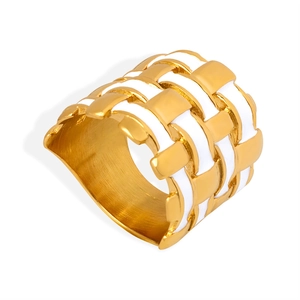 Modern 18k gold plated stainless steel woven wide ring with white enamel accents
