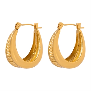 18k gold plated stainless steel U-shaped hoop earrings with twisted spiral texture