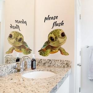 Cartoon sea turtle wall decal with 'Please Flush' text for bathroom toilet decoration