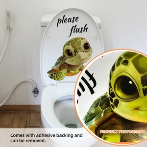 Cartoon turtle toilet seat sticker with Please Flush text for bathroom wall decoration