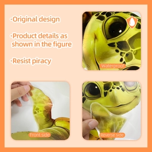 Detailed view of waterproof cartoon turtle wall sticker with front and reverse side comparison